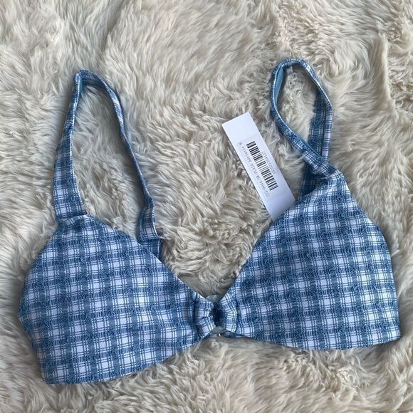 Jonathon Simkhai Plaid Print Blue Astrid O-Ring Seersucker Bikini Top Medium - Picture 1 of 8